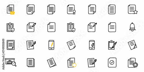 Dynamic document icons set for website or app design, convey information management, paperwork, and notification services, great for business and productivity themes