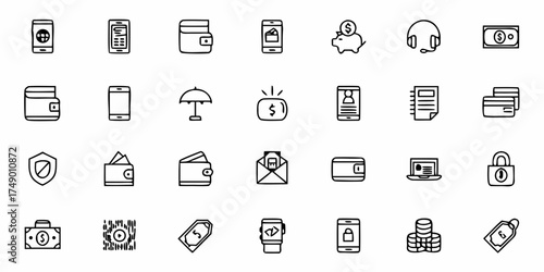 Financial technology icons offering modern solutions for digital payments, secure online banking and e-commerce, simplifying mobile transactions and innovative money management