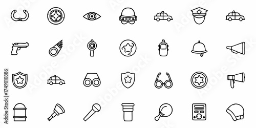 Police gear line icons presenting law enforcement essentials, perfect for security and protection visuals, ideal for safety and justice themes, delivering crime prevention