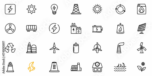 Modern set of energy source icons conveying renewable power, sustainability, and green technology solutions for eco-friendly living and a clean environment