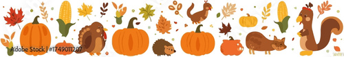 Festive autumn cartoon with pumpkins, squirrels, hedgehogs, corn, and leaves. Perfect for fallthemed designs, invitations, and decorations.