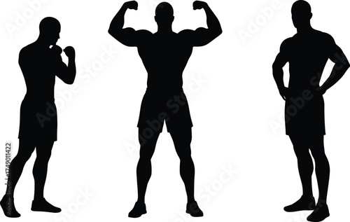 Muscular men silhouette, bodybuilding pose, fitness strength, male athlete flexing, boxing stance, gym workout, strong body, sports training, health lifestyle, power