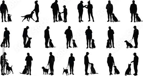 Silhouette people with dogs, walking training pet, human animal bond, dog owner activity, pet care lifestyle, canine companionship, outdoor exercise