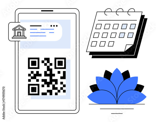 Smartphone screen showing QR code with bank icon, calendar with marked dates, and abstract blue flower design. Ideal for payment, planning, organization, banking, scheduling, digital tools modern