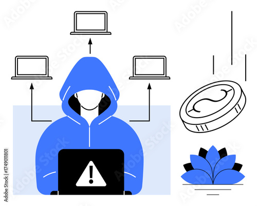 Hooded figure with laptop surrounded by arrows to multiple devices and digital coin reflecting financial technology risks. Ideal for cybersecurity, hacking, technology, fintech, data security