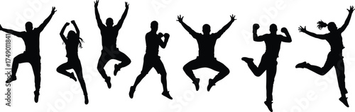 Happy energetic people jumping silhouettes, celebrating success, freedom, fitness, dance, teamwork, motivation, positive lifestyle, youth energy, fun group joy, excitement