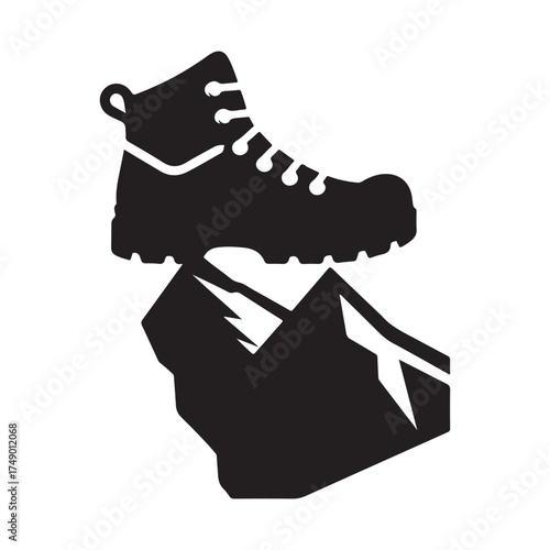 Hiking boots on mountain ledge vector silhouette sketch art logo illustration