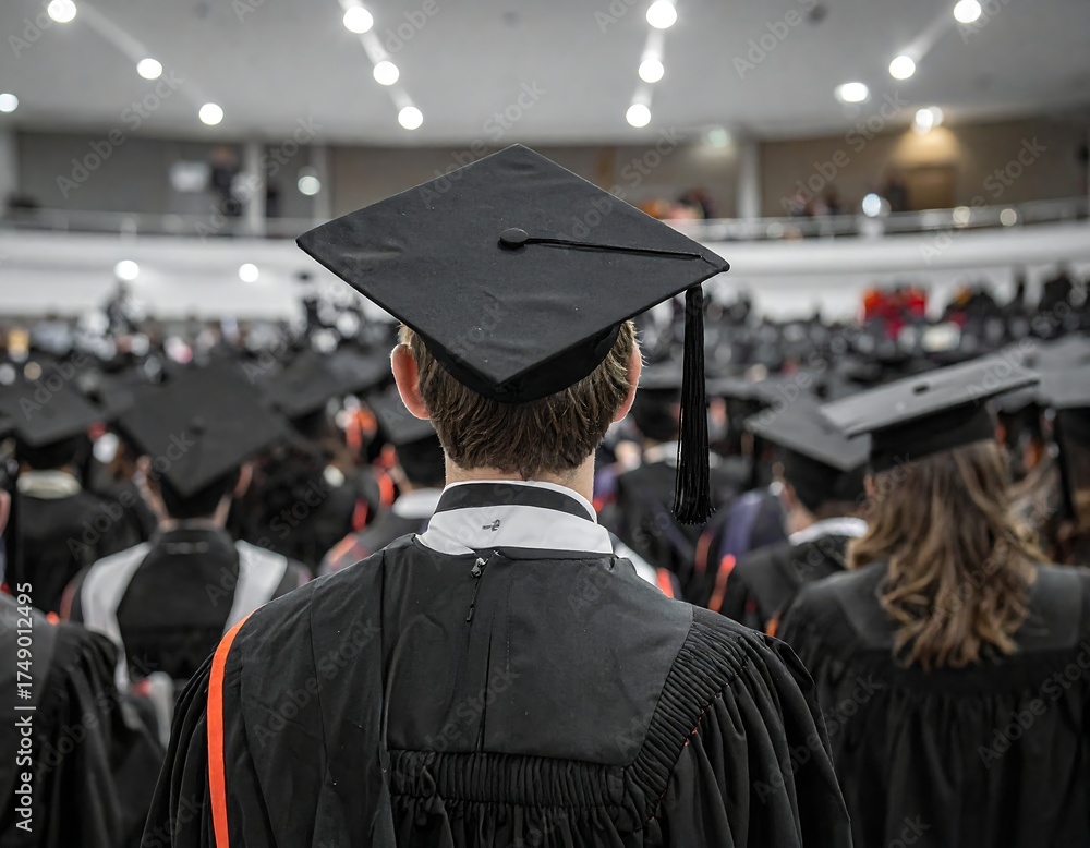 Obraz premium Back view of graduates in a ceremony, focus on black mortarboard