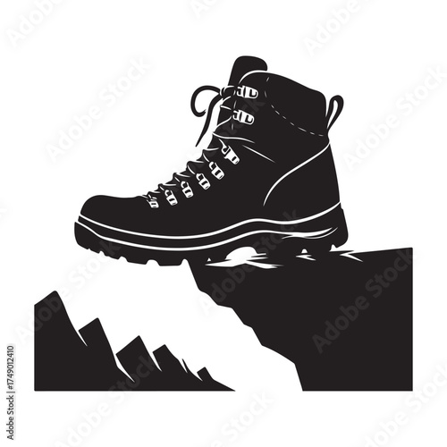Hiking boots on mountain ledge vector silhouette sketch art logo illustration