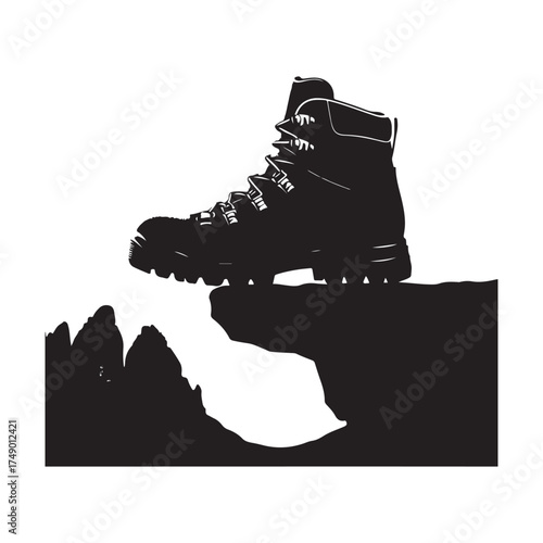 Hiking boots on mountain ledge vector silhouette sketch art logo illustration