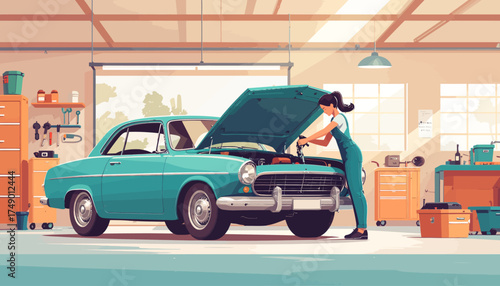 Woman repairing classic car in garage