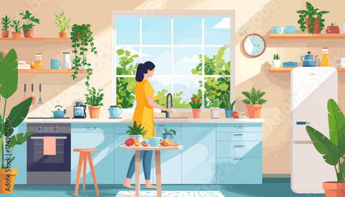 Woman washing dishes in bright kitchen with plants