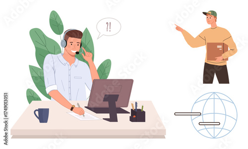 Customer service agent wearing a headset at a desk, speaking while typing on a computer. Delivery person holding a package and interacting. Ideal for communication, e-commerce, teamwork, delivery