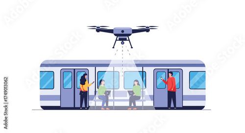 Drone delivering packages to passengers inside a modern public transportation train.