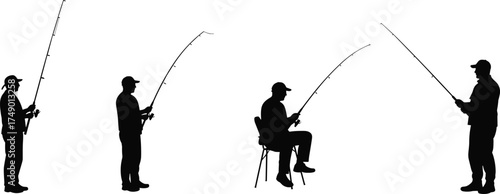Silhouette fishing people, anglers with rods, standing and sitting postures, outdoor hobby, recreational fishing activity, leisure lifestyle, sport, nature scene