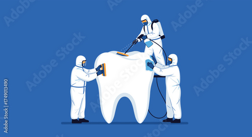Dental hygiene professionals meticulously clean and repair a giant tooth model.