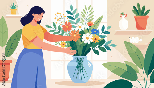 Woman arranging flowers in vase, home decor