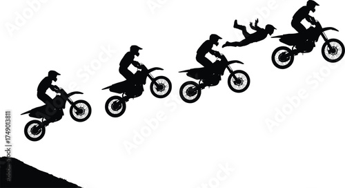 Silhouette sequence of motocross rider performing aerial stunt, mid-air jump, dirt bike trick, extreme sports action, isolated on white background