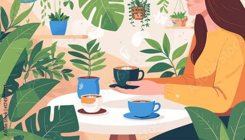 Woman enjoying coffee surrounded by lush houseplants