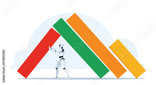 Artificial intelligence is stabilizing a declining trend represented by colorful bars. The robot supports the pillars.