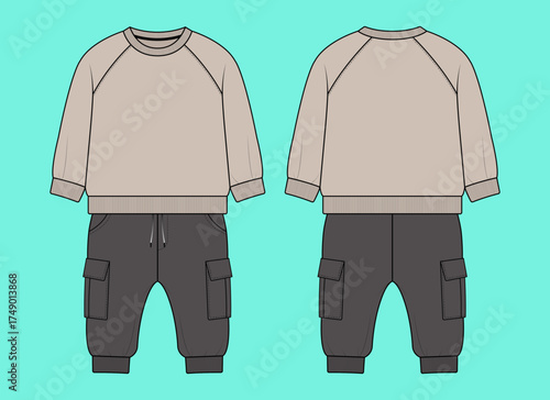 Kids Taupe Raglan Sweatshirt and Cuffed Knit Cargo Set Technical Flat CAD.