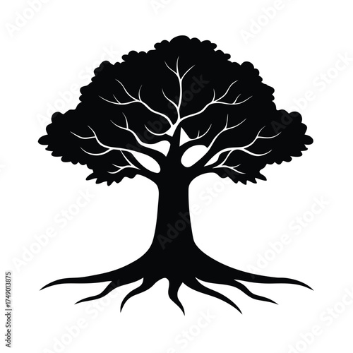 Majestic oak tree silhouette with strong roots and wide branches for banners