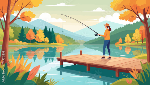 Woman fishing on wooden dock with mountain landscape