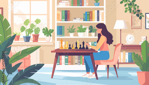 Woman playing chess in cozy home interior