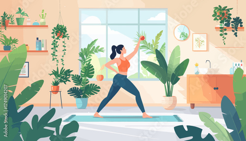 Woman practicing yoga in bright room with plants