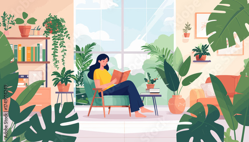 Woman reading book in cozy room with plants