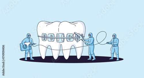 Tiny healthcare workers meticulously place braces on a giant tooth demonstrating dental care.