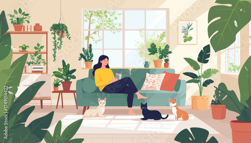 Woman relaxing with cats in a plant-filled living room