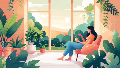 Woman relaxing with coffee, indoor plants, scenic view