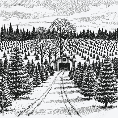 Christmas tree farm with covered bridge isolated on white background hand drawn vector illustration in vintage style winter landscape with snow and forest
