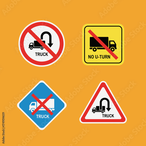 Collection of various road signs indicating restrictions and warnings for trucks regarding U-turns and general access.