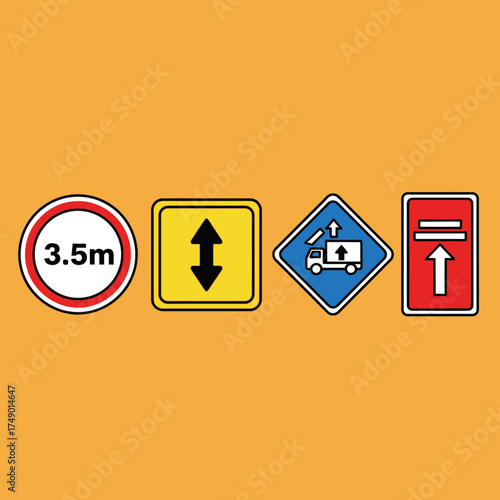 A collection of four distinct road signs on an orange background, including height restriction, two-way traffic, and specific vehicle route indicators.