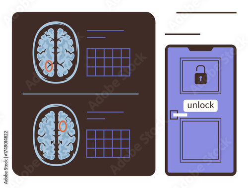 Brain scans with marked areas and grids next to a locked purple door labeled unlock. Ideal for neuroscience, brain health, problem-solving, discovery, mental health, cognition, and research. A simple