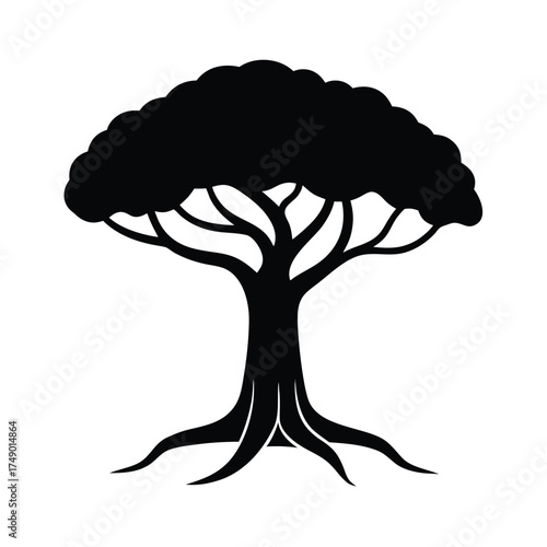 Large banyan tree silhouette with spreading roots for advertising banner