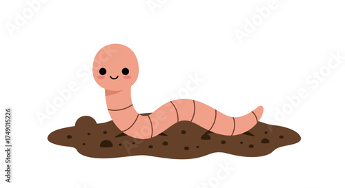 Cute Cartoon Worm Emerging from Soil Patch with Smiling Face.
