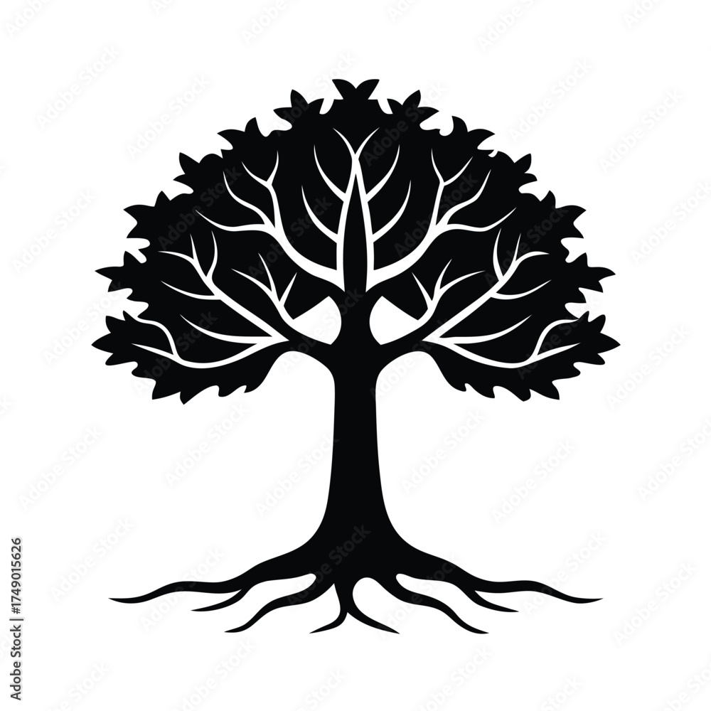Obraz premium Stylized oak tree silhouette with intricate exposed roots design