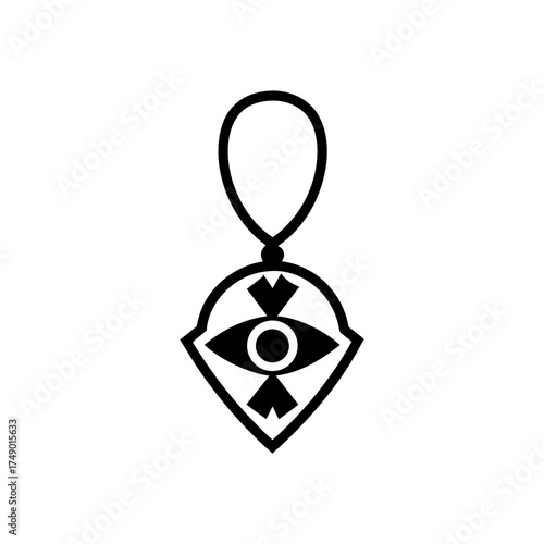 A minimalist linear icon of an amulet pendant with an eye  symbol, representing protection and meaning.