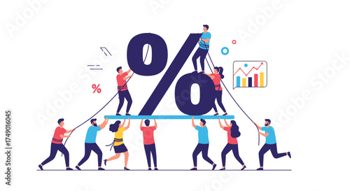 A group of diverse people working together to hold up a large percentage symbol representing financial growth and success.