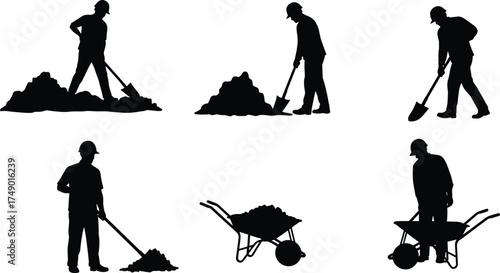 Construction worker silhouettes with shovels and wheelbarrows, manual labor icons, industrial workforce, building site tools, heavy equipment, teamwork, hard work