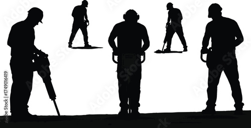 Silhouette construction workers using jackhammers, industrial labor team drilling concrete, heavy equipment operation, safety gear helmets, ear protection, manual worksite activity