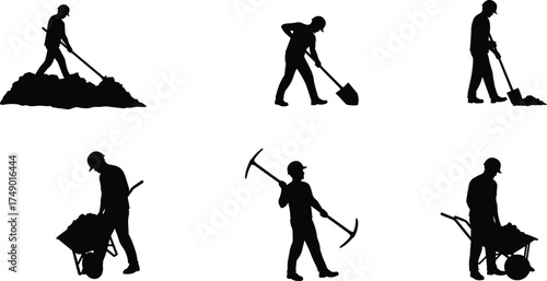 Construction worker silhouettes, manual labor icons, shovel, pickaxe, wheelbarrow, digging, building site, industrial workforce, black vector illustration, heavy work, construction industry, teamwork