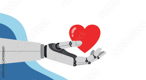 A robotic hand gently cradles a vibrant red heart symbolizing artificial intelligence caring for humanity.