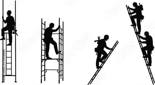 Construction worker silhouettes climbing ladders, scaffold safety gear helmet harness, industrial maintenance teamwork, occupational safety illustration, building site workers, ladder climbing 