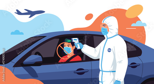 Health screening checkpoint for temperature check of travelers in cars.