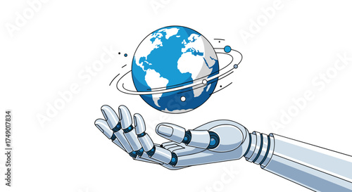 Robotic hand holding a digital globe with orbiting rings on a white background.