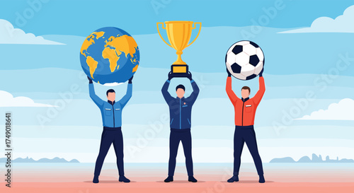 Three athletes hold up a trophy and sporting equipment symbolizing global competition and victory.